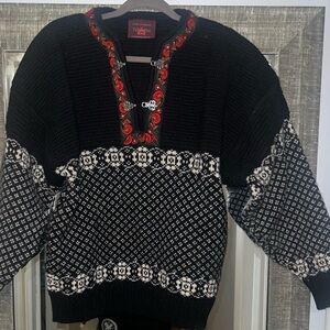 Telemark Style Black Cardigan with Red Floral Accents